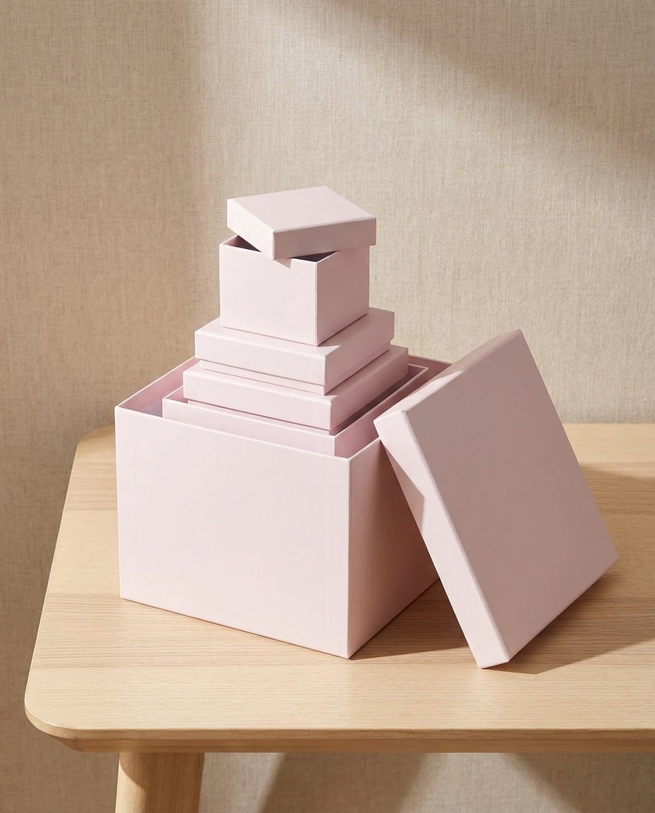 Pink gift boxes nested inside one another for storage