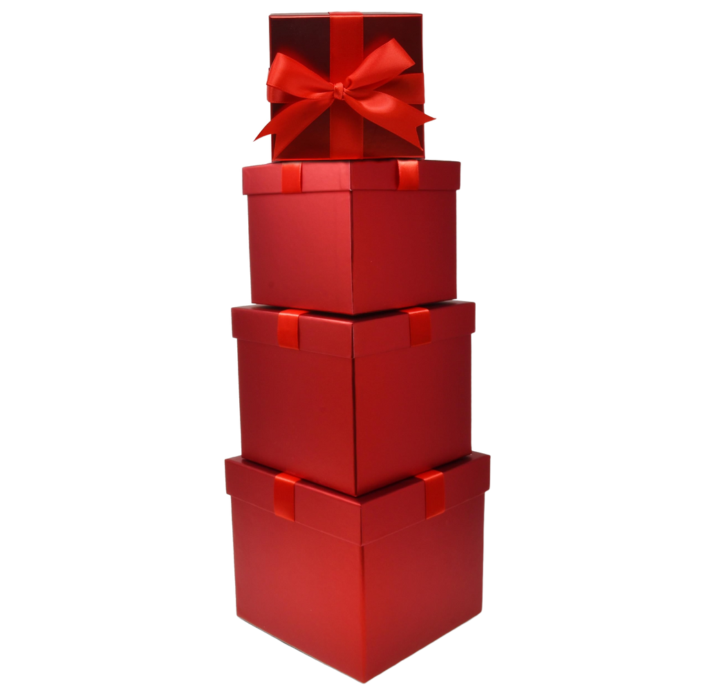 Set of 4 red foil square nesting gift boxes with red bows