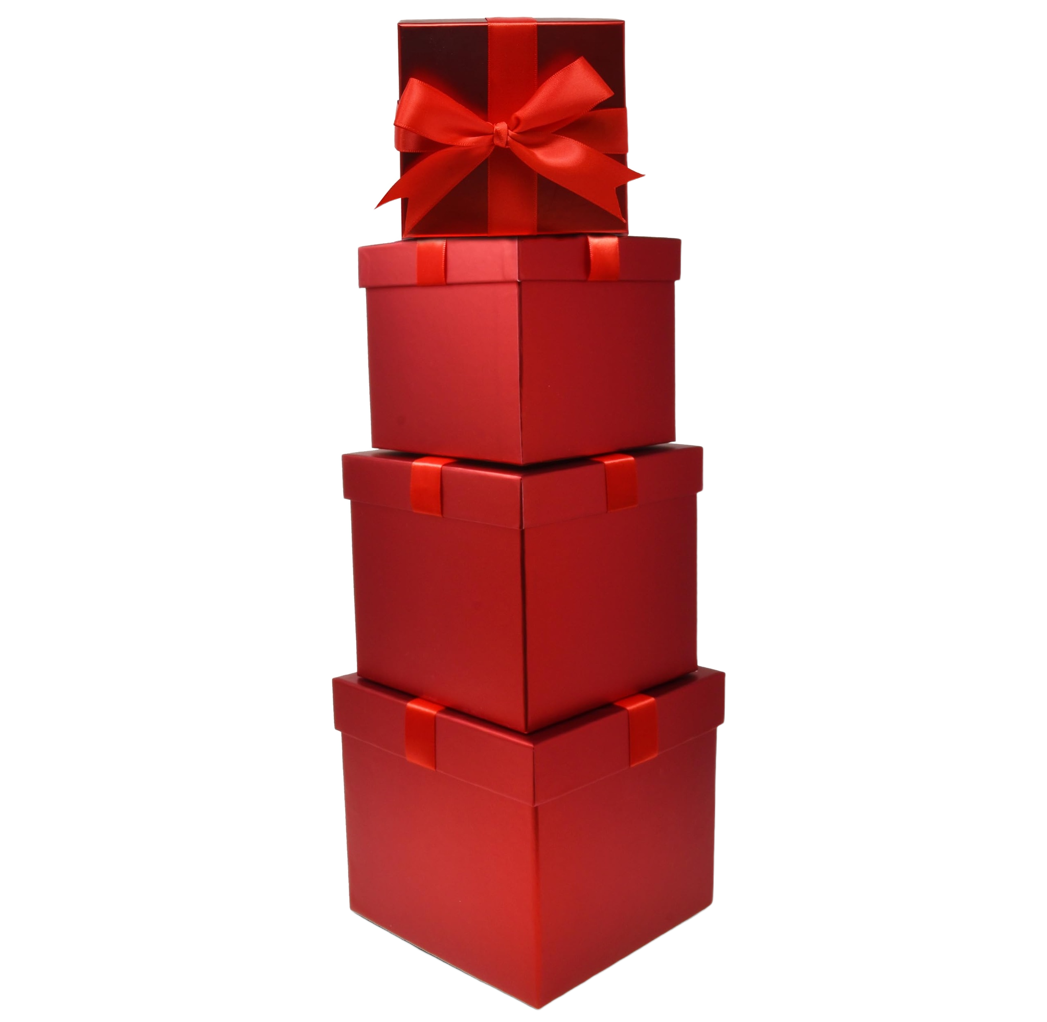 Set of 4 red foil square nesting gift boxes with red bows
