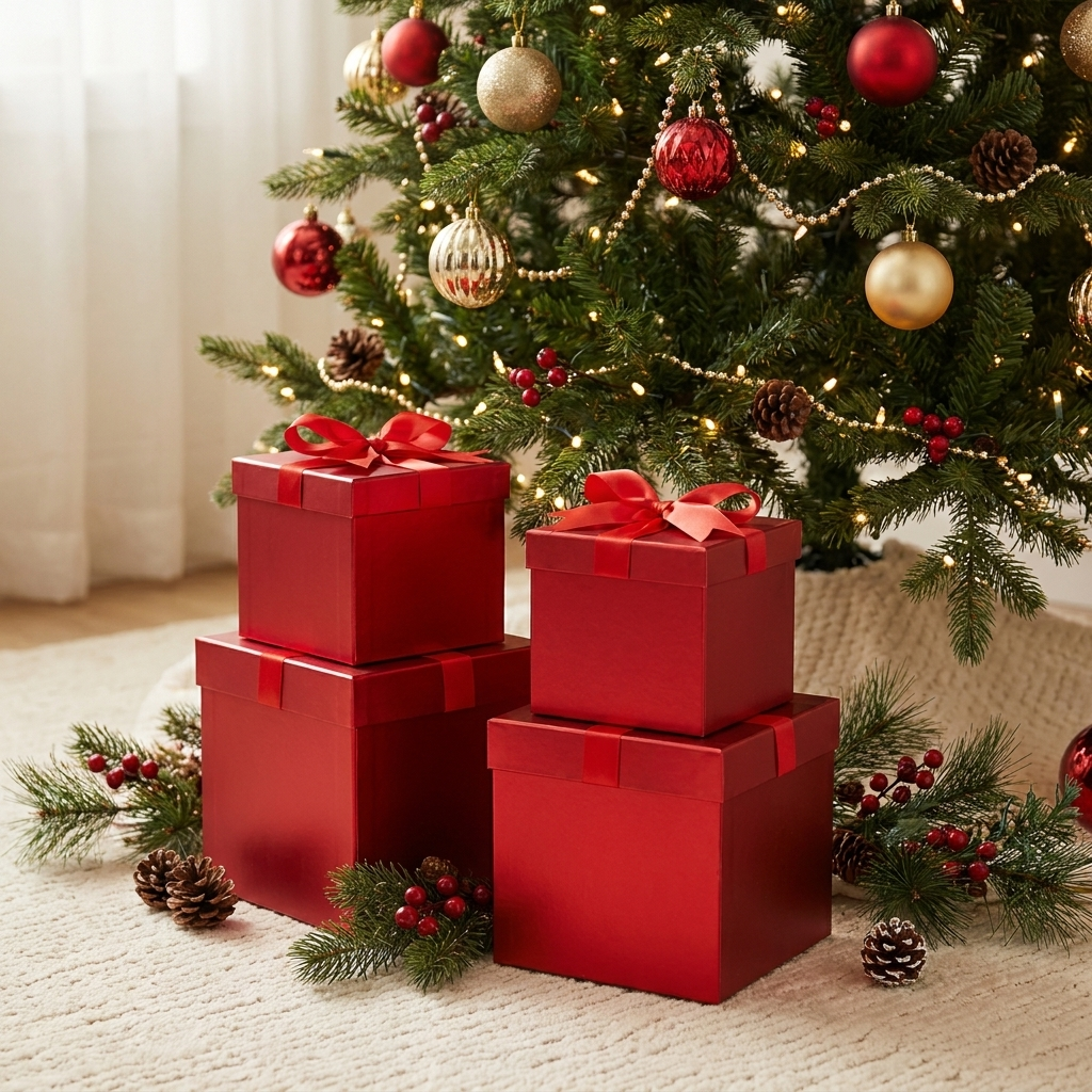 Red foil nesting boxes under a Christmas tree