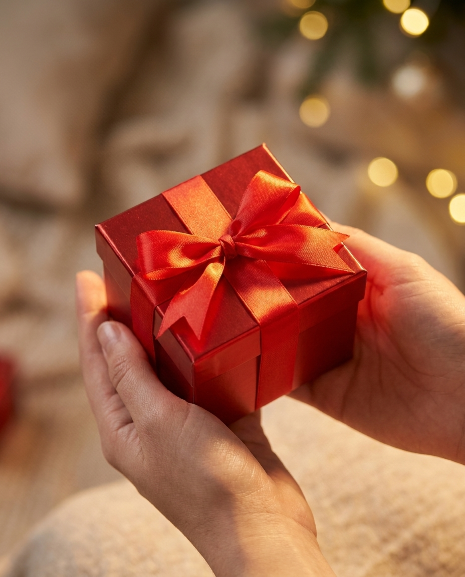 Red foil square gift box with bow held in two hands