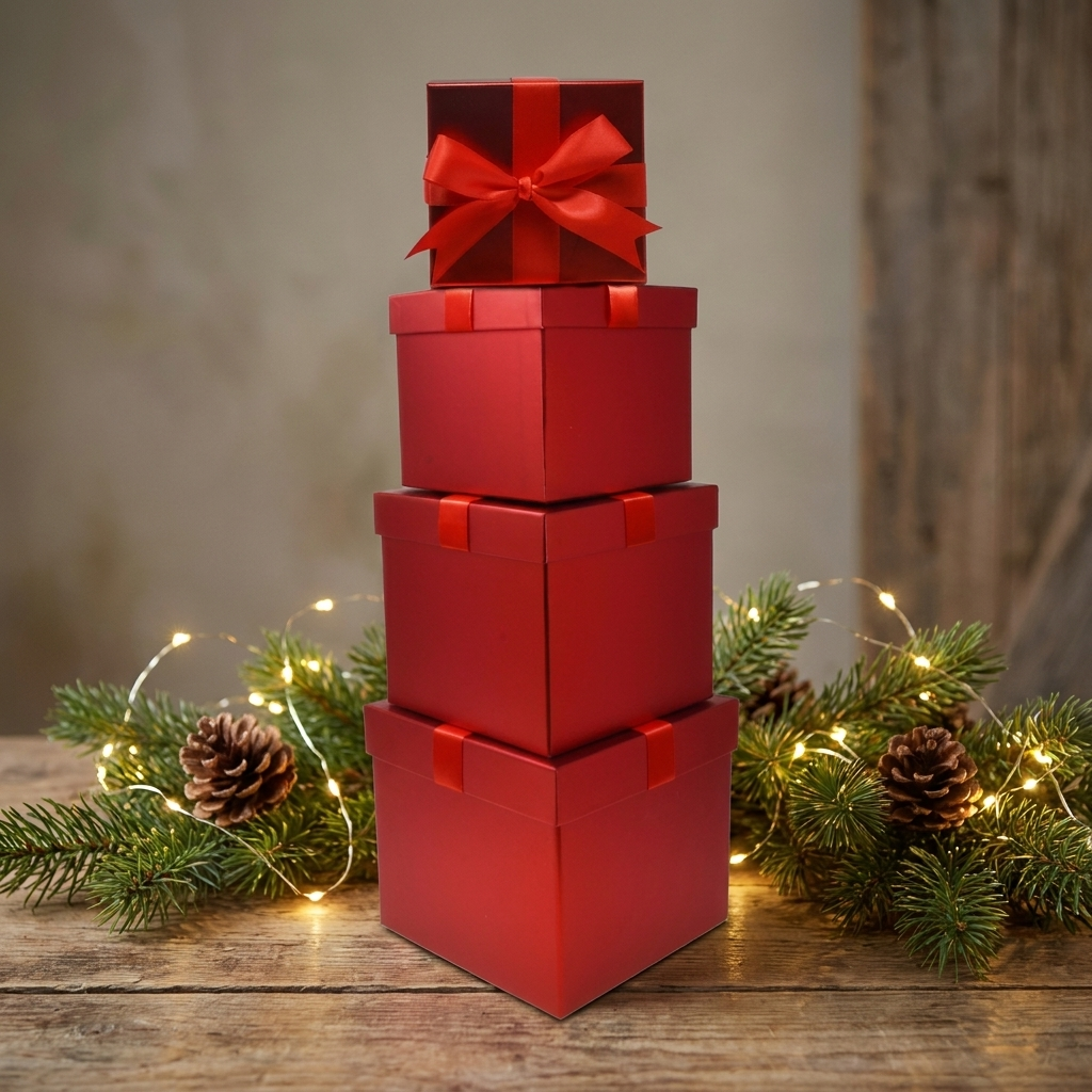 Red foil nesting boxes with fairy lights and pine branches