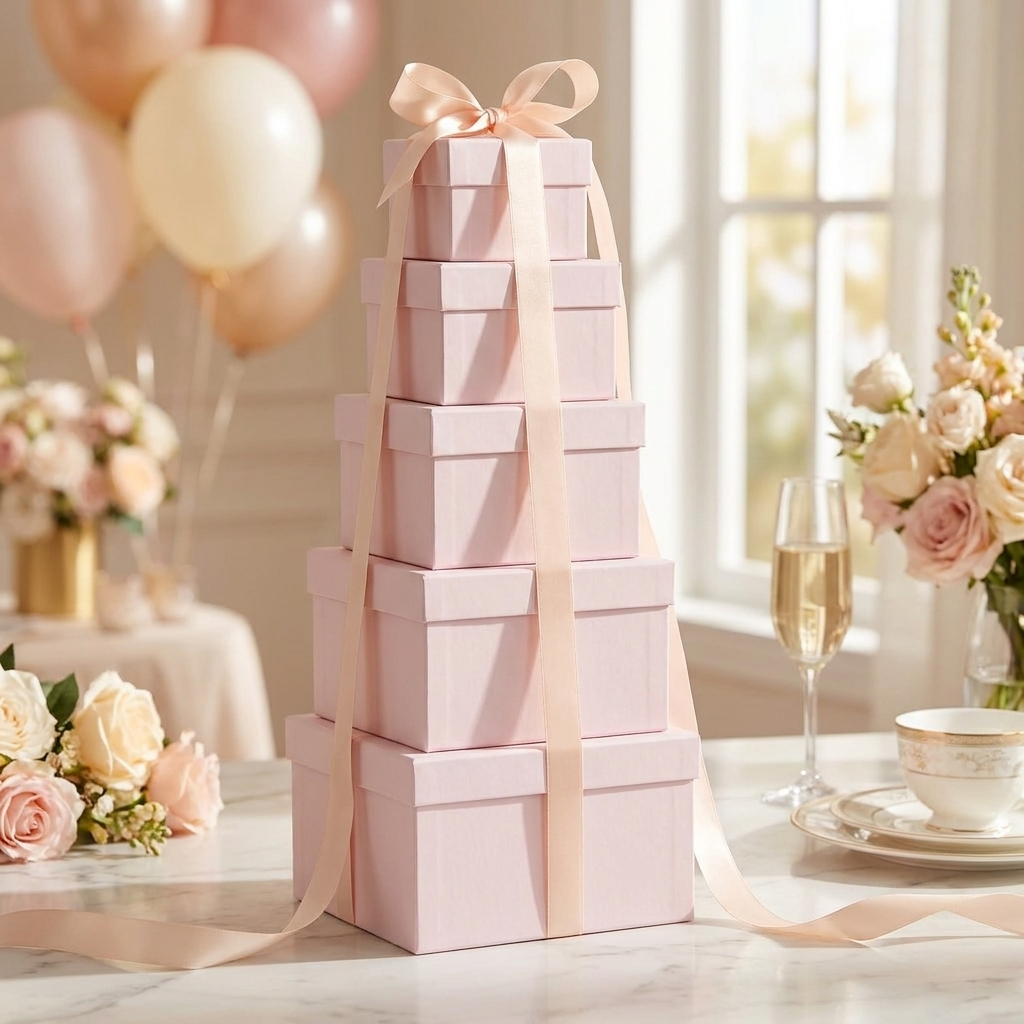 Pink gift box tower styled at a celebration