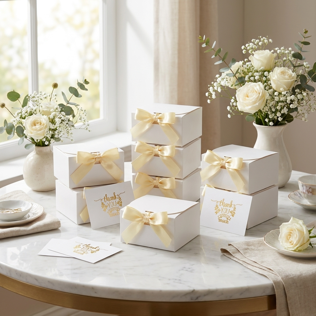 White gift boxes with ribbons and thank-you cards at a bridal shower