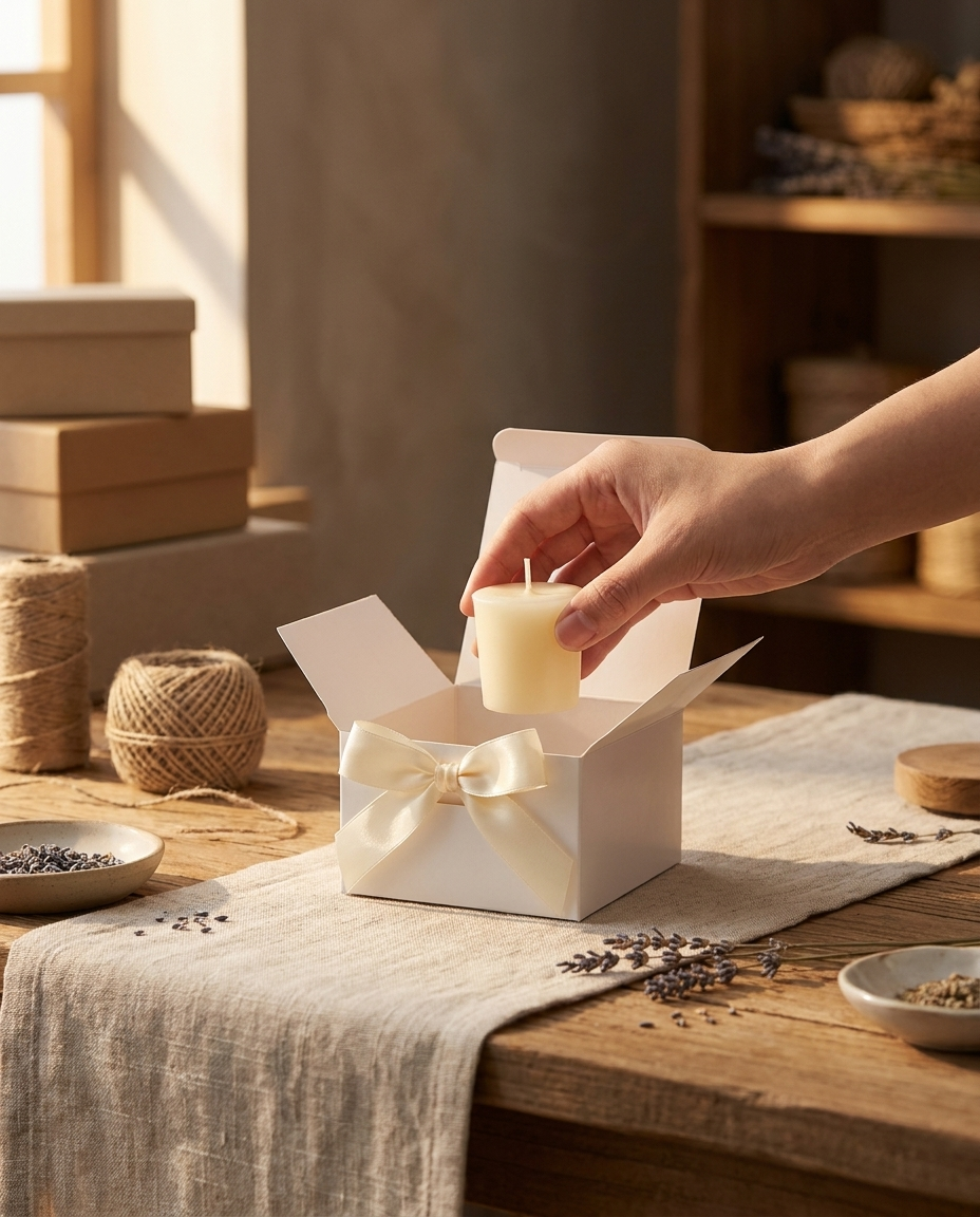 Placing a candle into an open white gift box