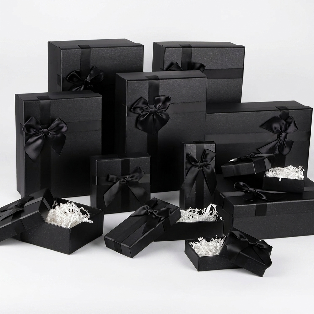 Set of black gift boxes in assorted sizes with black ribbon bows