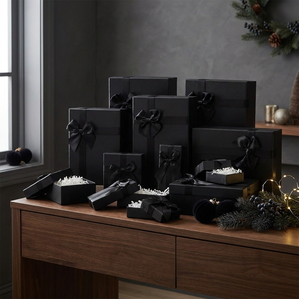 Black gift boxes styled on a modern table
