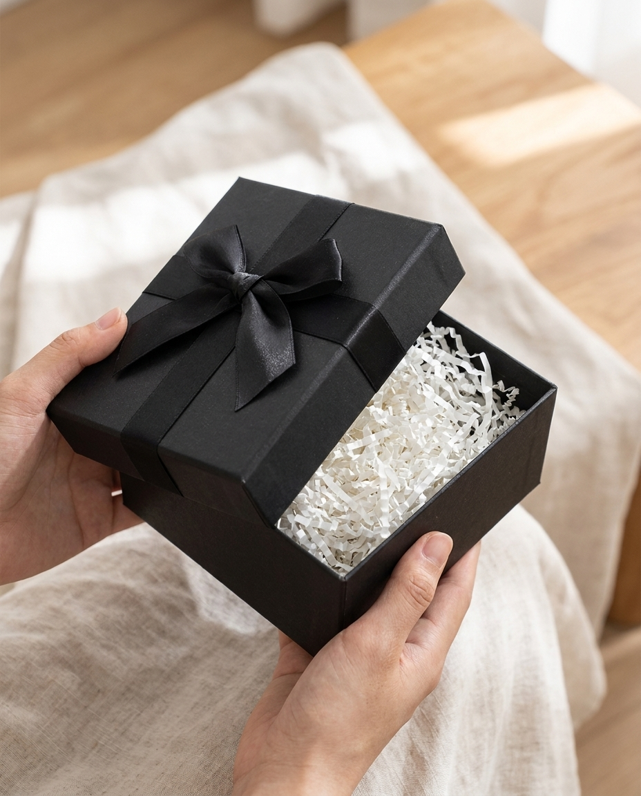 Open black gift box with white crinkle paper filler