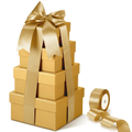 Gold square nesting gift box tower with gold ribbon and ribbon roll