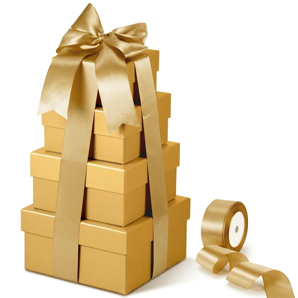 Gold square nesting gift box tower with gold ribbon and ribbon roll