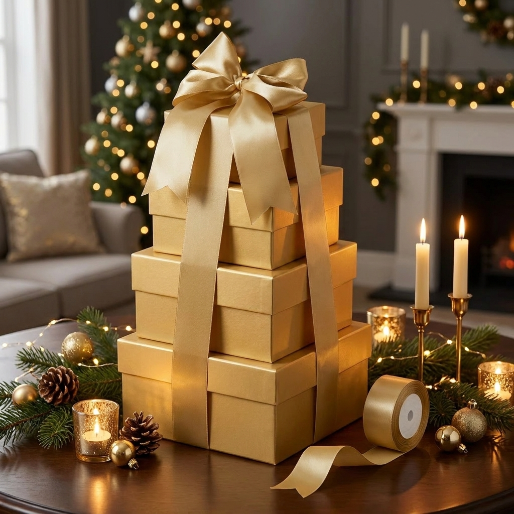 Gold gift box tower styled on a festive table