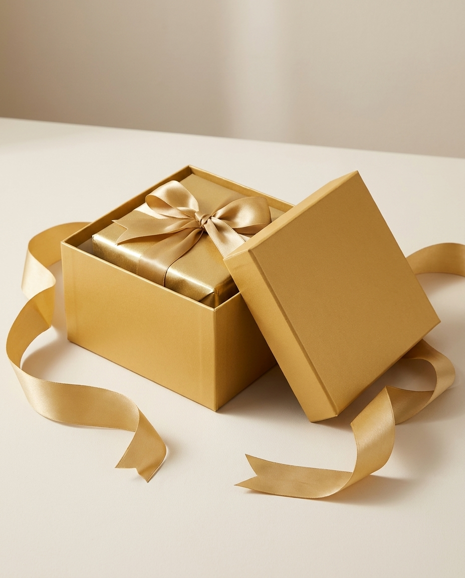 Open gold gift box with a present inside