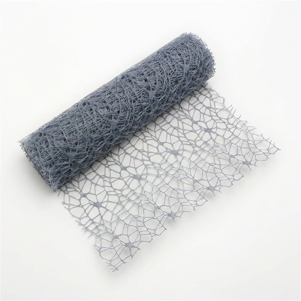 Gray spiderweb mesh floral wrapping fabric roll on white background