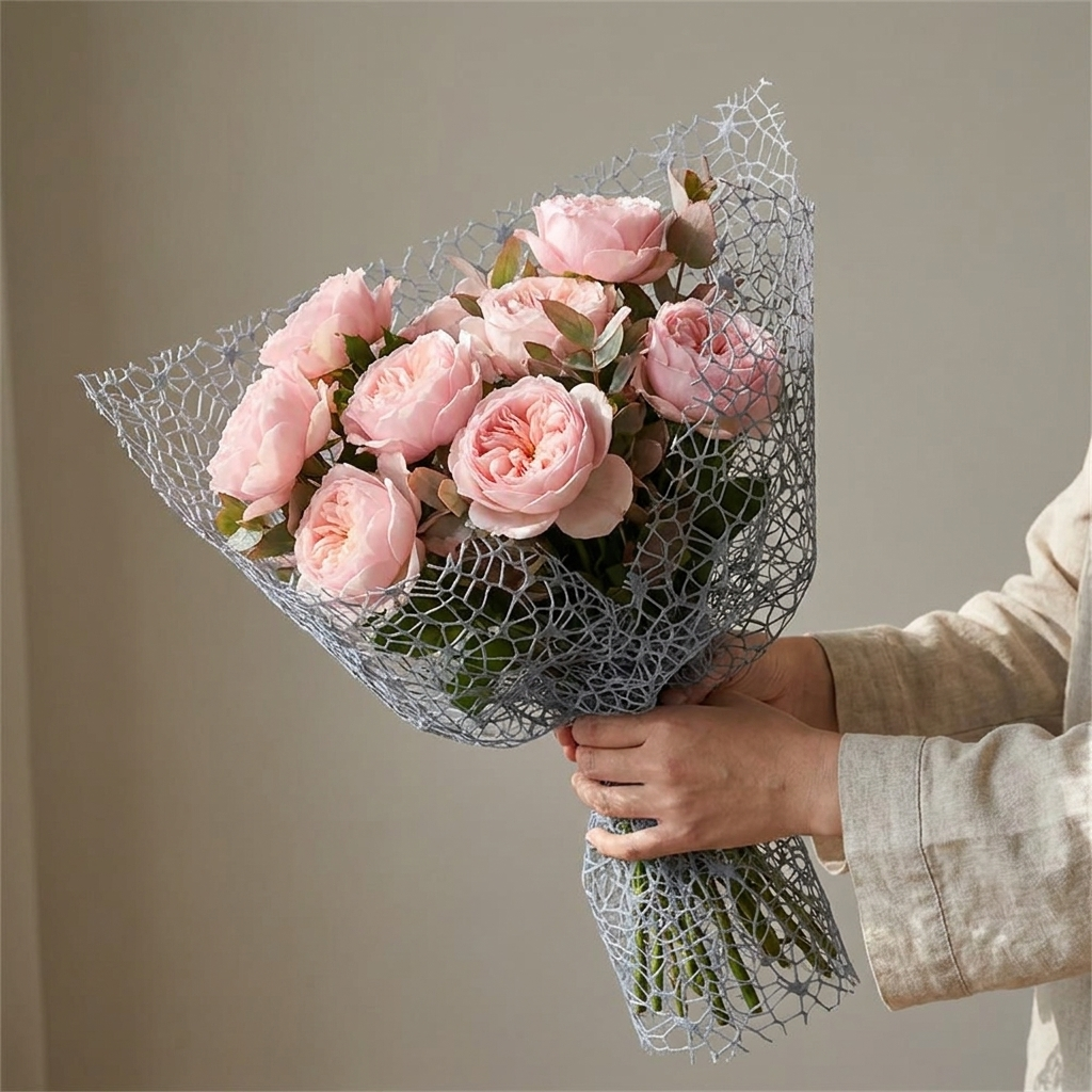 Pink rose bouquet wrapped in gray mesh floral wrap