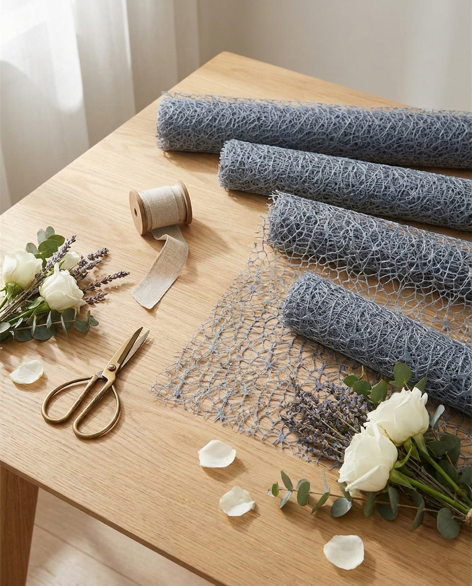 Flat-lay of gray mesh floral wrapping fabric with flowers and scissors