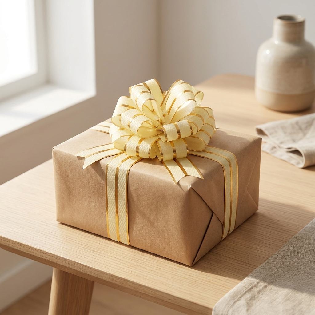 Cream gold pull bow on a wrapped kraft gift box