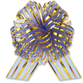 Blue and gold organza pull bow on white background