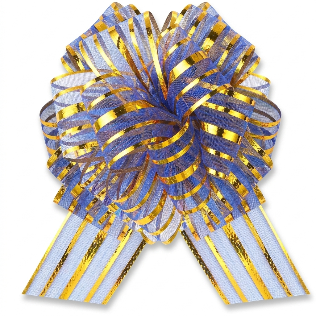 Blue and gold organza pull bow on white background