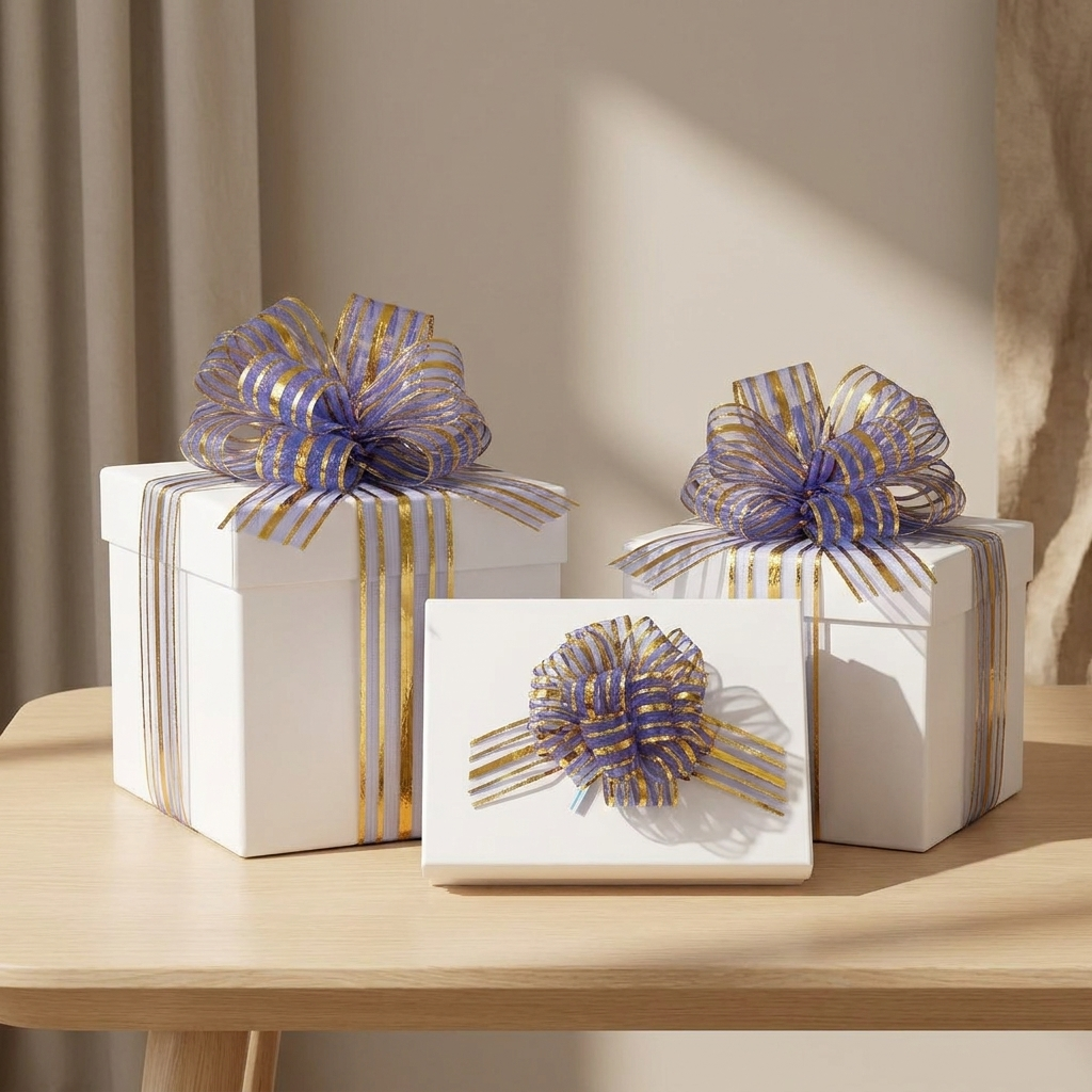Pull bows decorating wrapped gift boxes