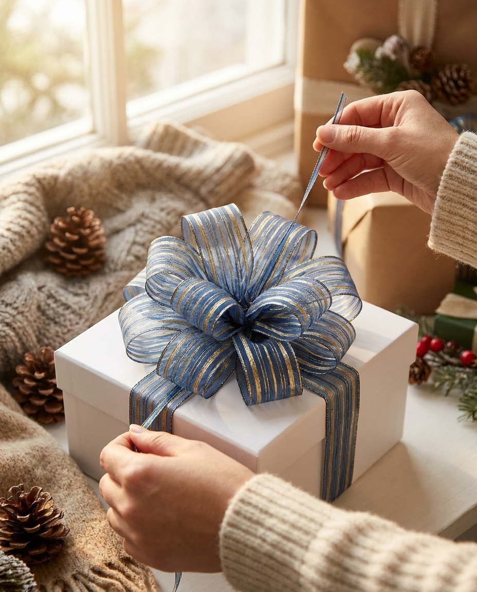 Pulling ribbon to form an organza pull bow on a gift