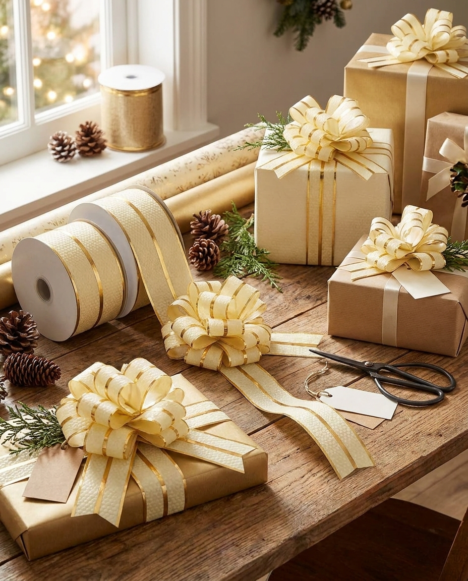 Cream gold pull bows on a festive gift wrapping station