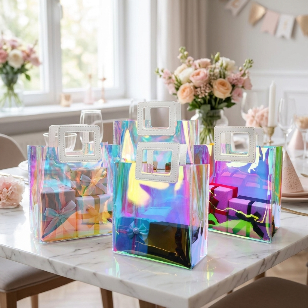 Iridescent gift totes filled with gifts on a party table