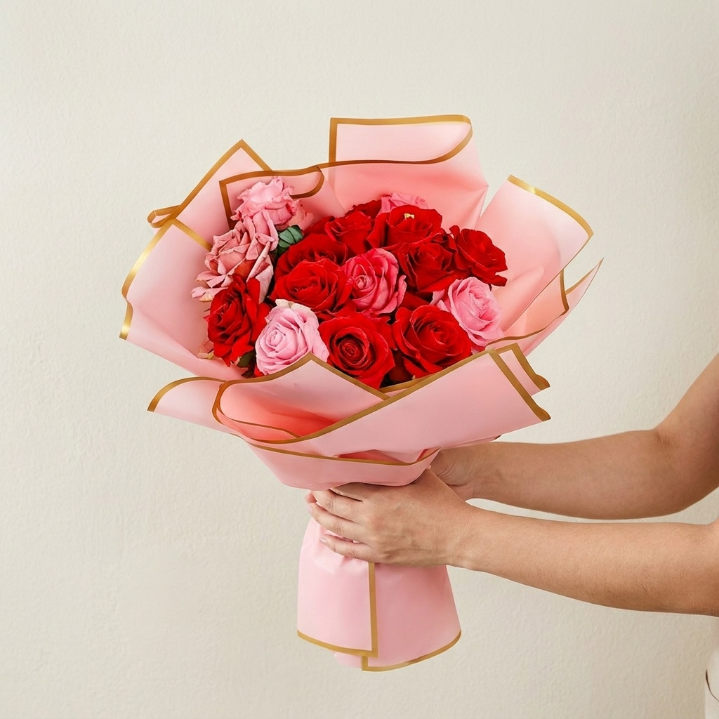 Rose bouquet wrapped in pink gold-edge floral paper