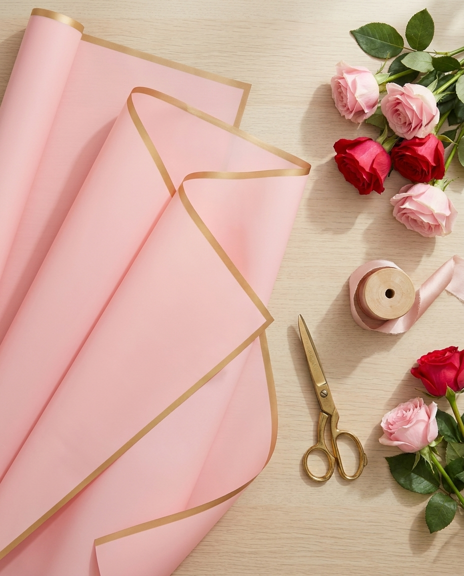 Flat-lay of pink gold-edge floral wrapping paper with roses and scissors