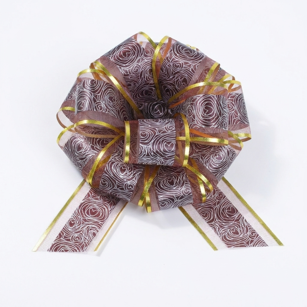 Brown rose-pattern organza pull bow on white background