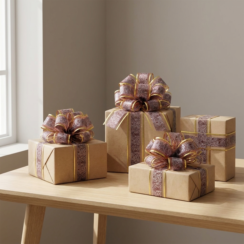 Rose-pattern pull bows on wrapped gift boxes