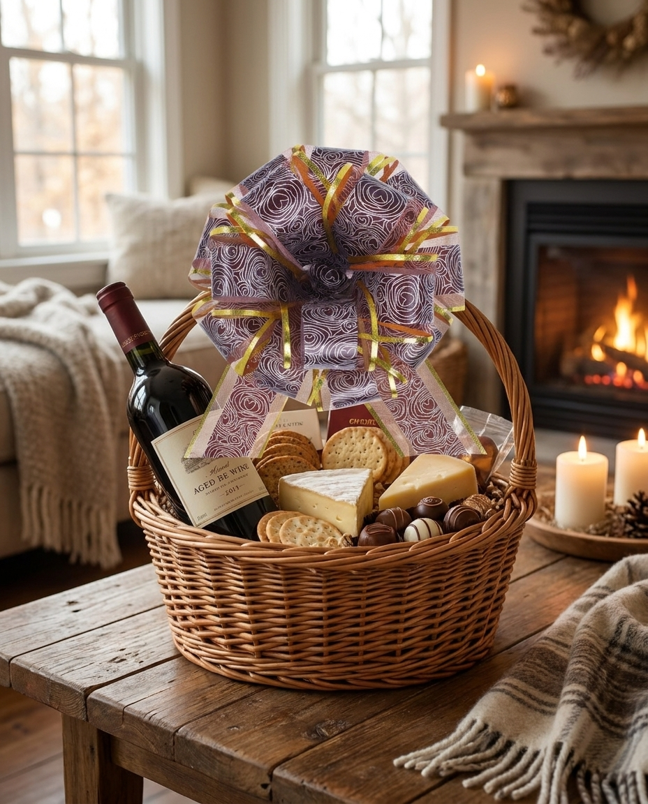 Pull bow on a gift basket with wine