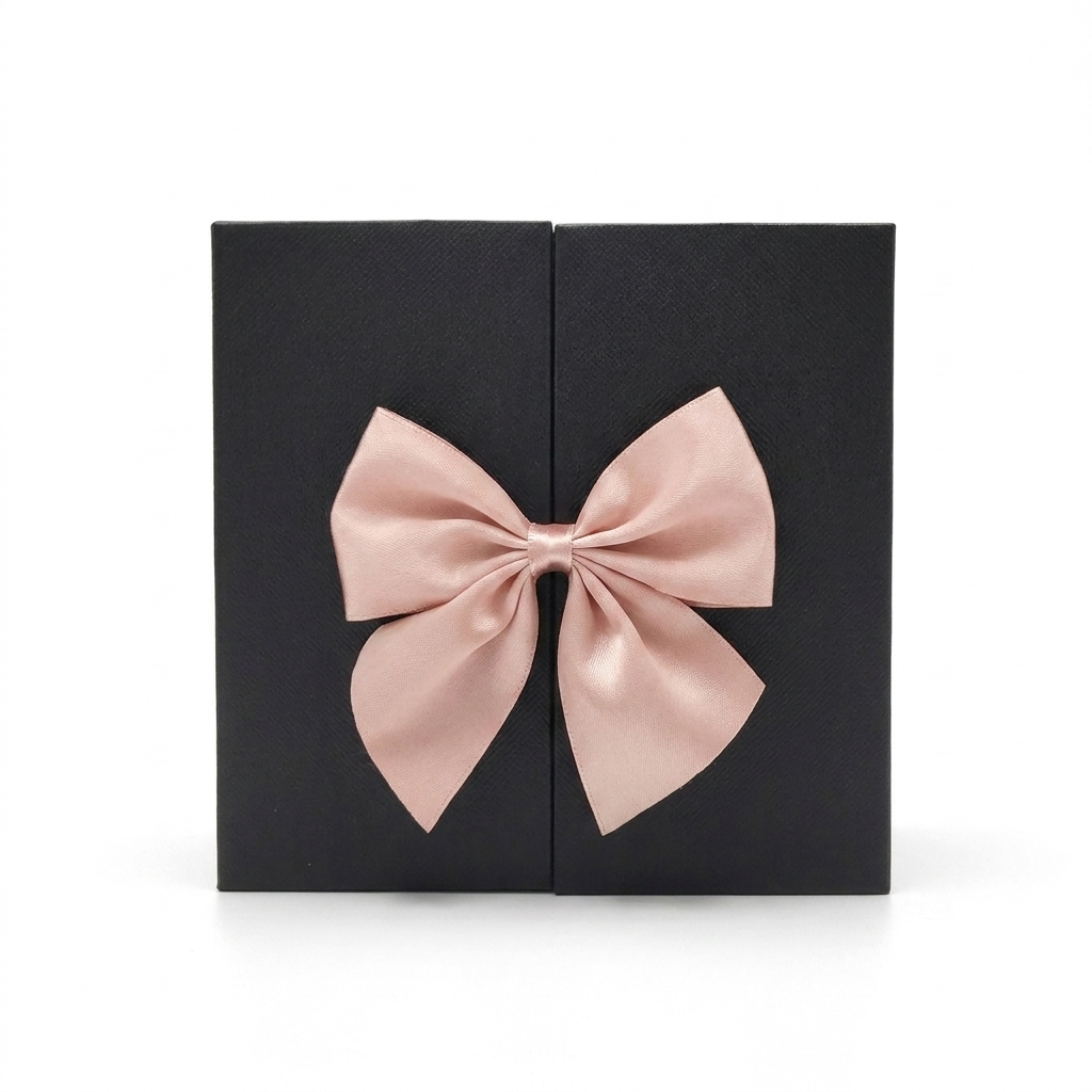 Black double-door rose jewelry keepsake box with pink bow