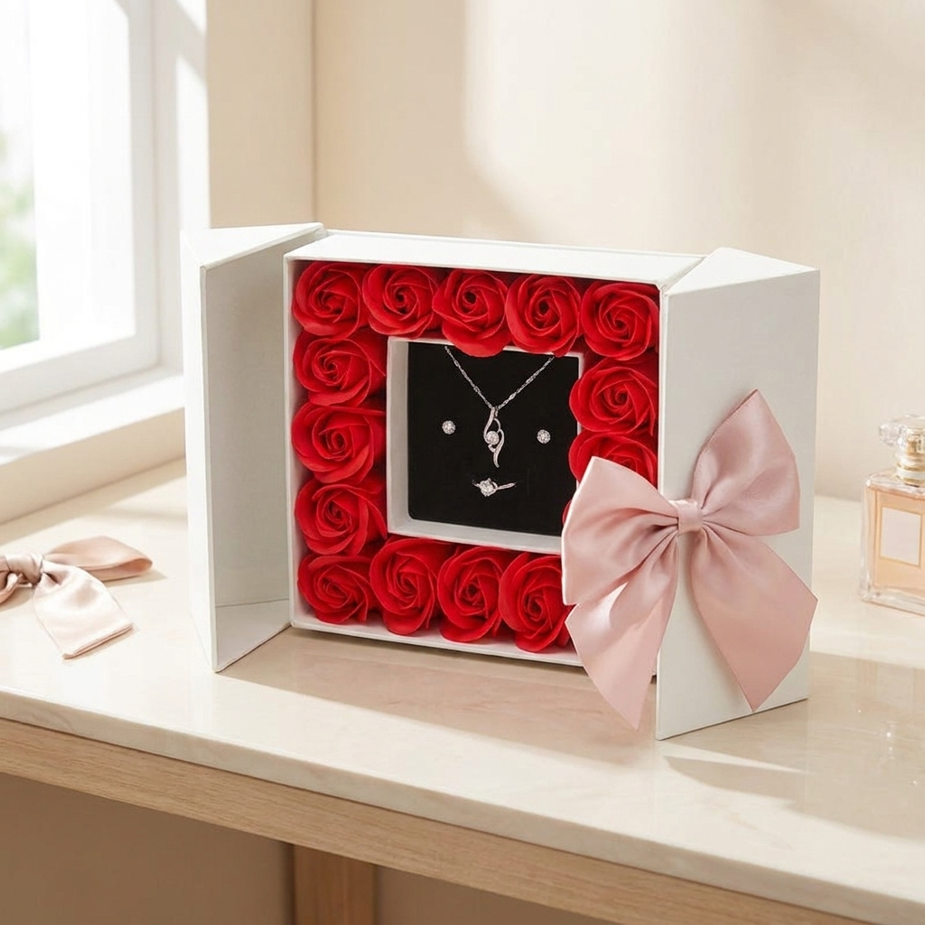 Open jewelry box revealing roses and velvet holder