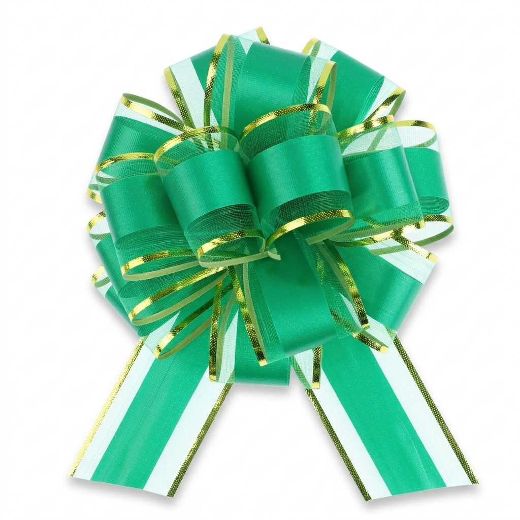 Green and gold organza pull bow for gift wrapping on white background