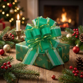 Green pull bow on a wrapped Christmas gift box