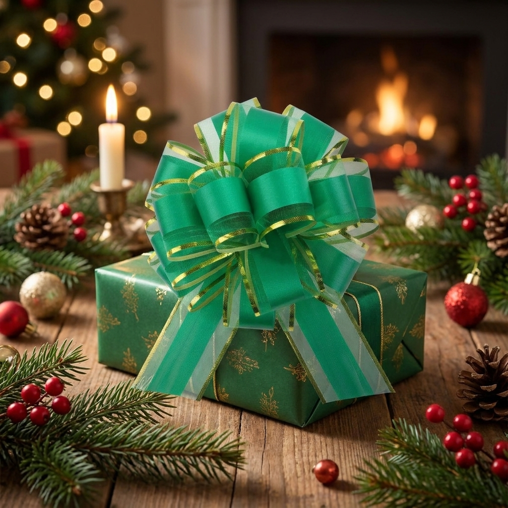 Green pull bow on a wrapped Christmas gift box