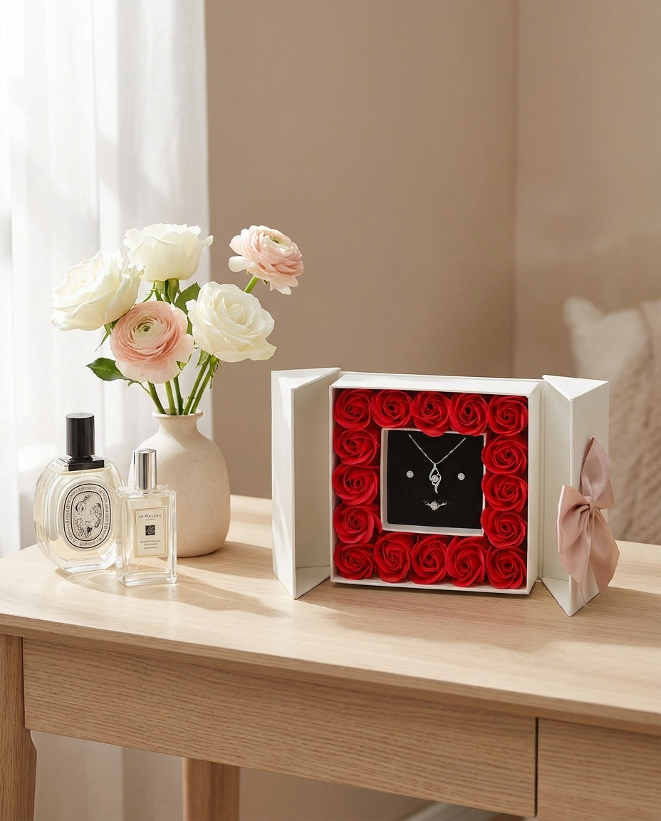 White rose jewelry keepsake box on a vanity