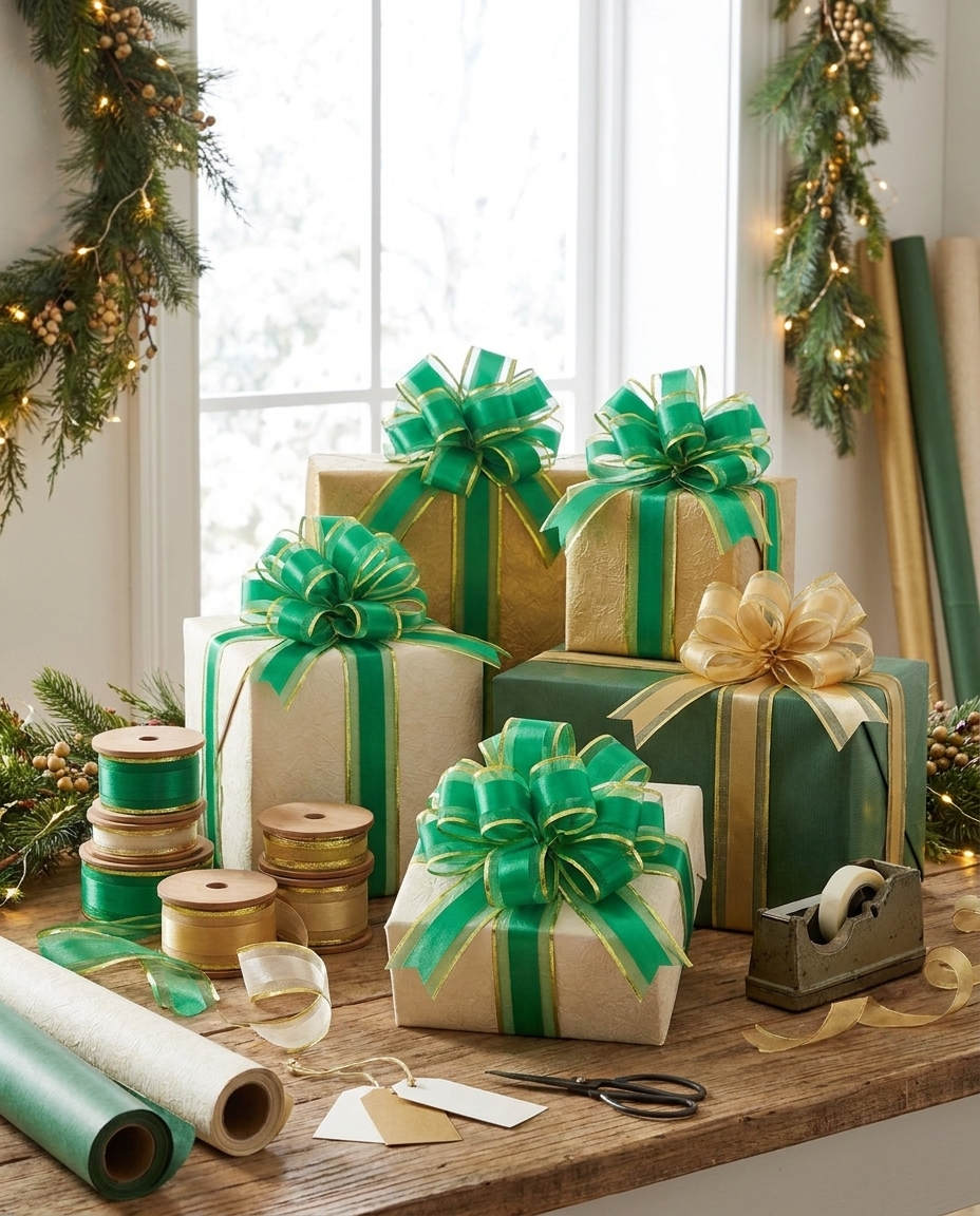 Green pull bows on wrapped gifts at a wrapping station