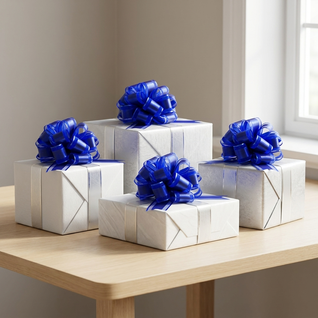 Royal blue pull bows on wrapped gift boxes