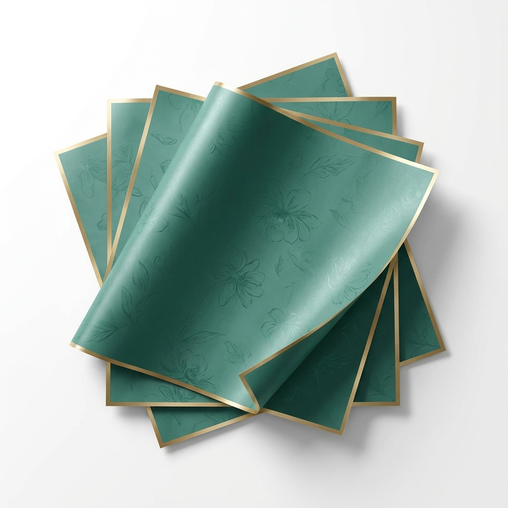 Teal green gold-edge floral wrapping paper sheets on white background