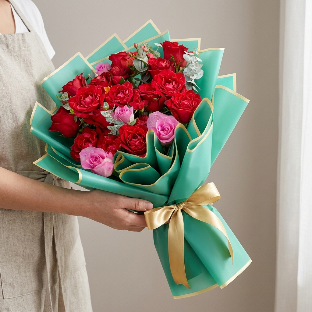 Rose bouquet wrapped in teal green gold-edge floral paper