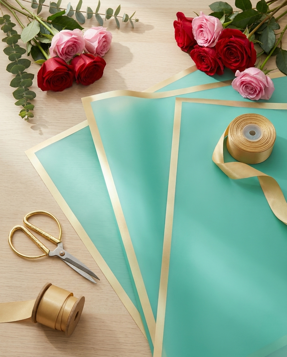 Flat-lay of teal green gold-edge floral wrapping paper with flowers and scissors