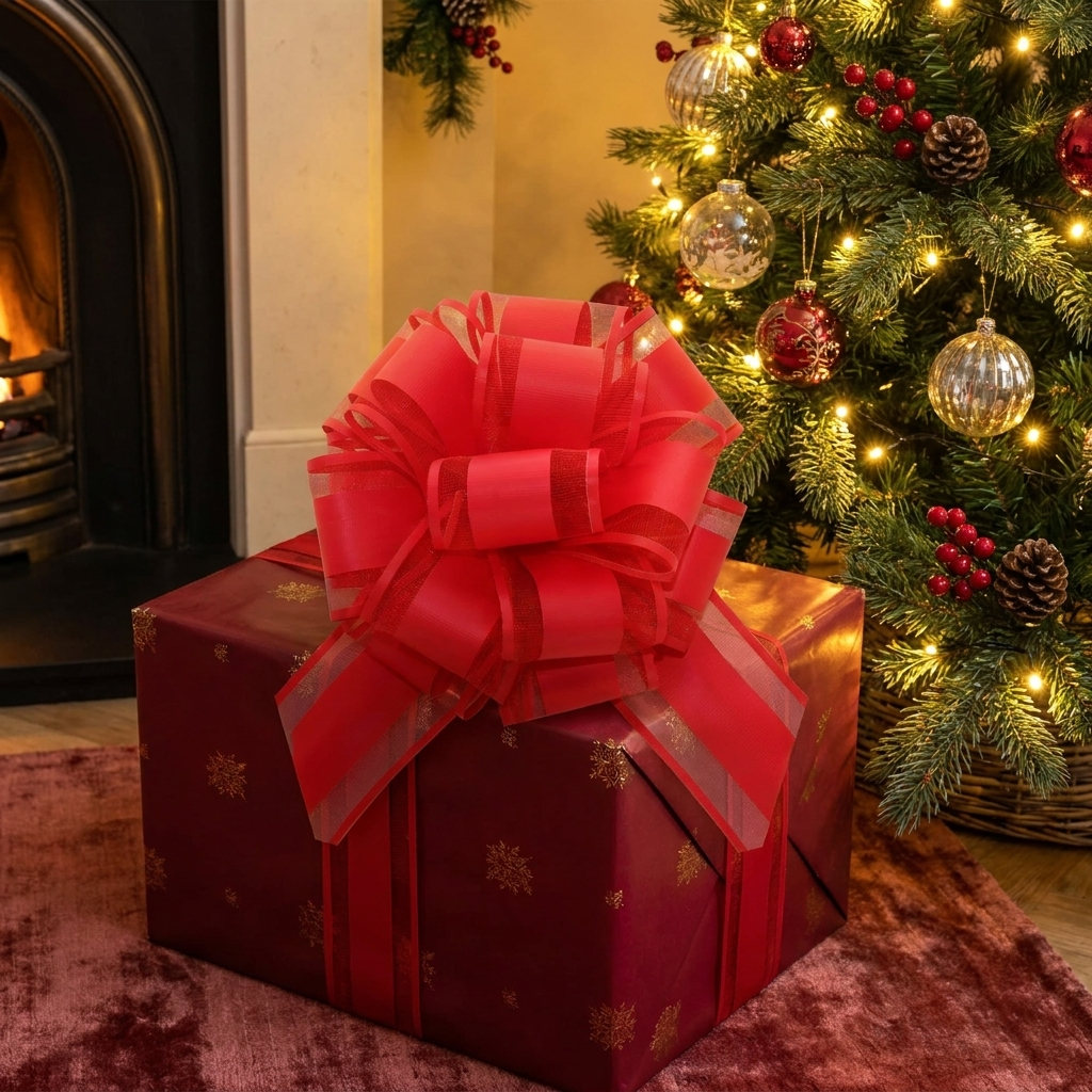 Red pull bow on a wrapped Christmas gift box