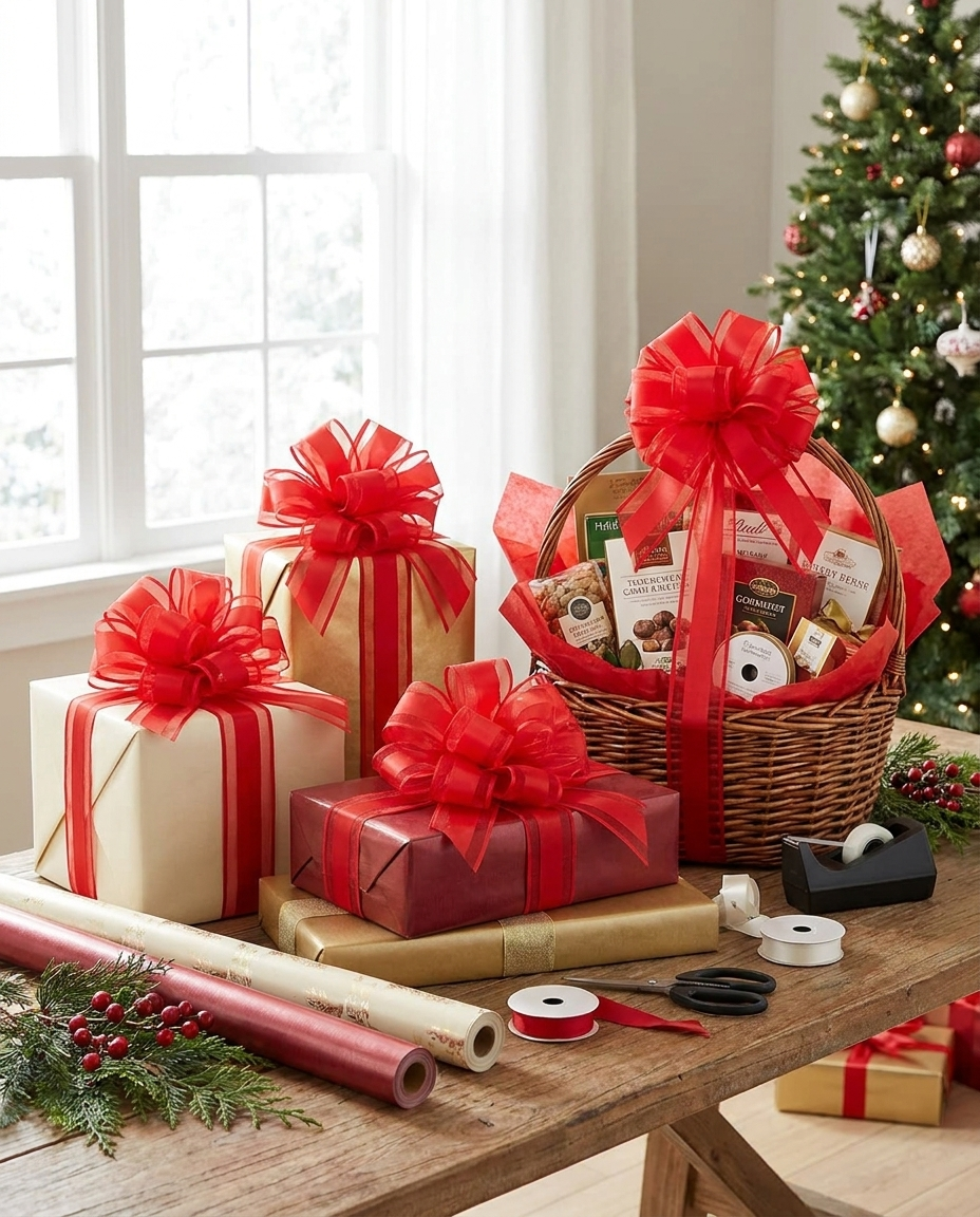 Red pull bows on wrapped gifts and a basket at a wrapping station