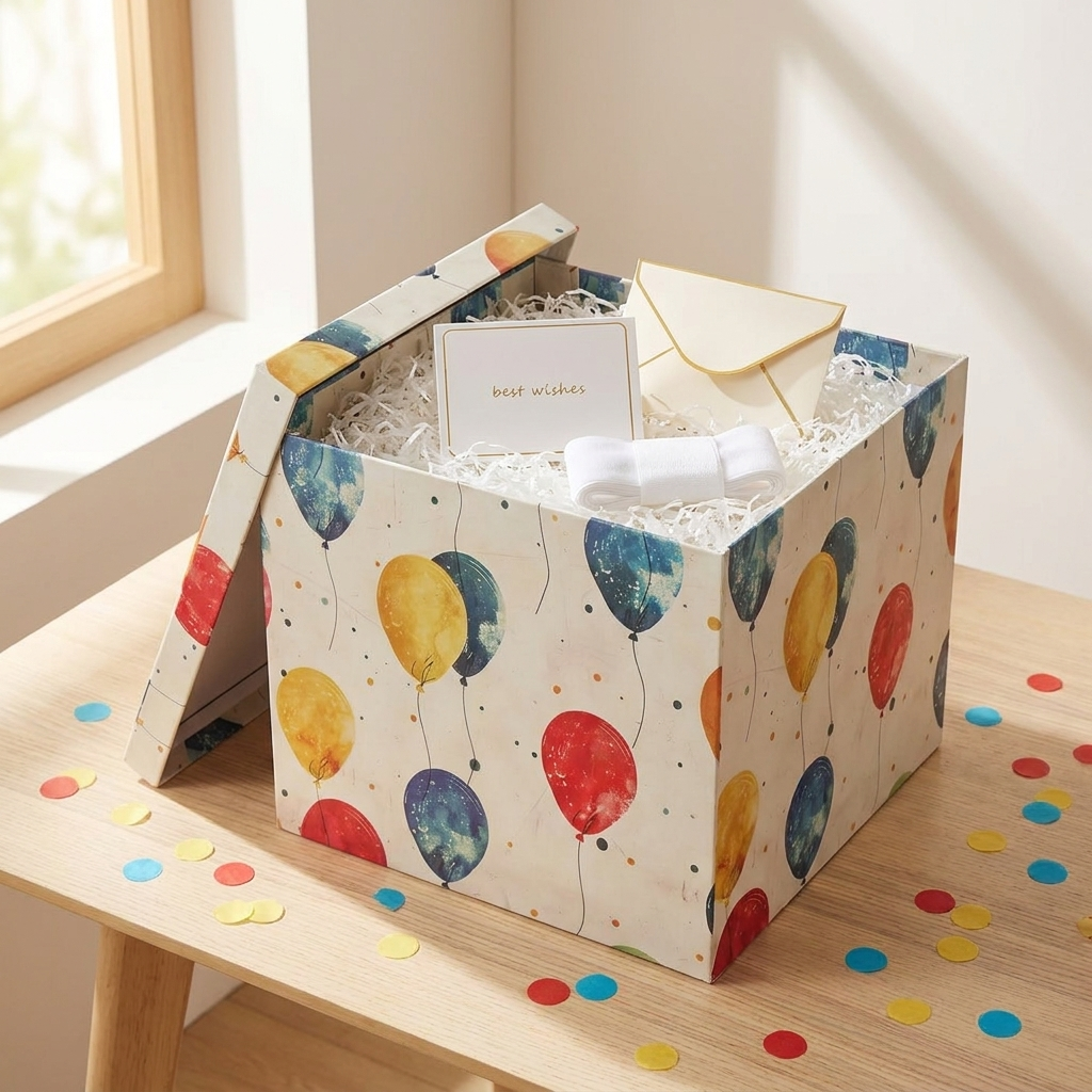 Open balloon gift box with card, ribbon and filler