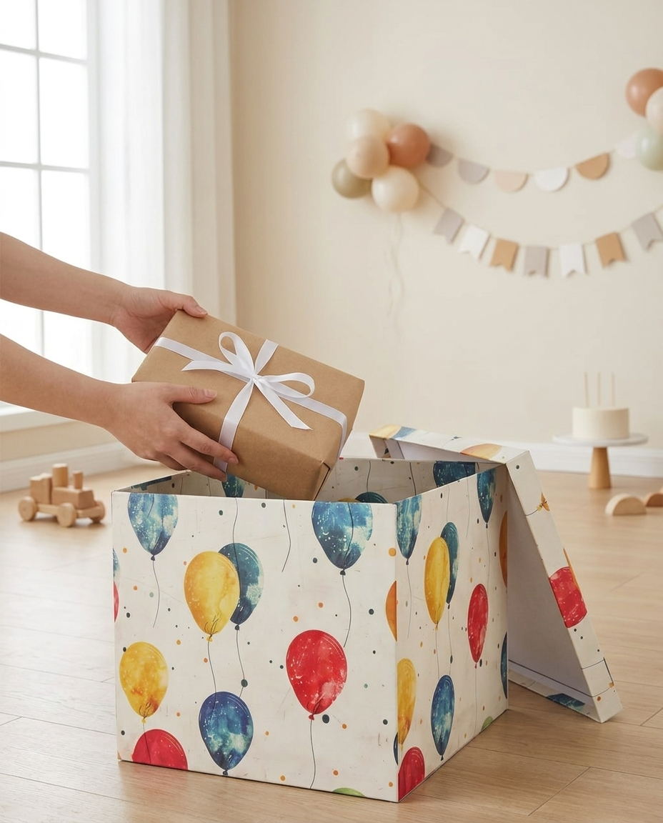 Placing a gift in the balloon box at a party