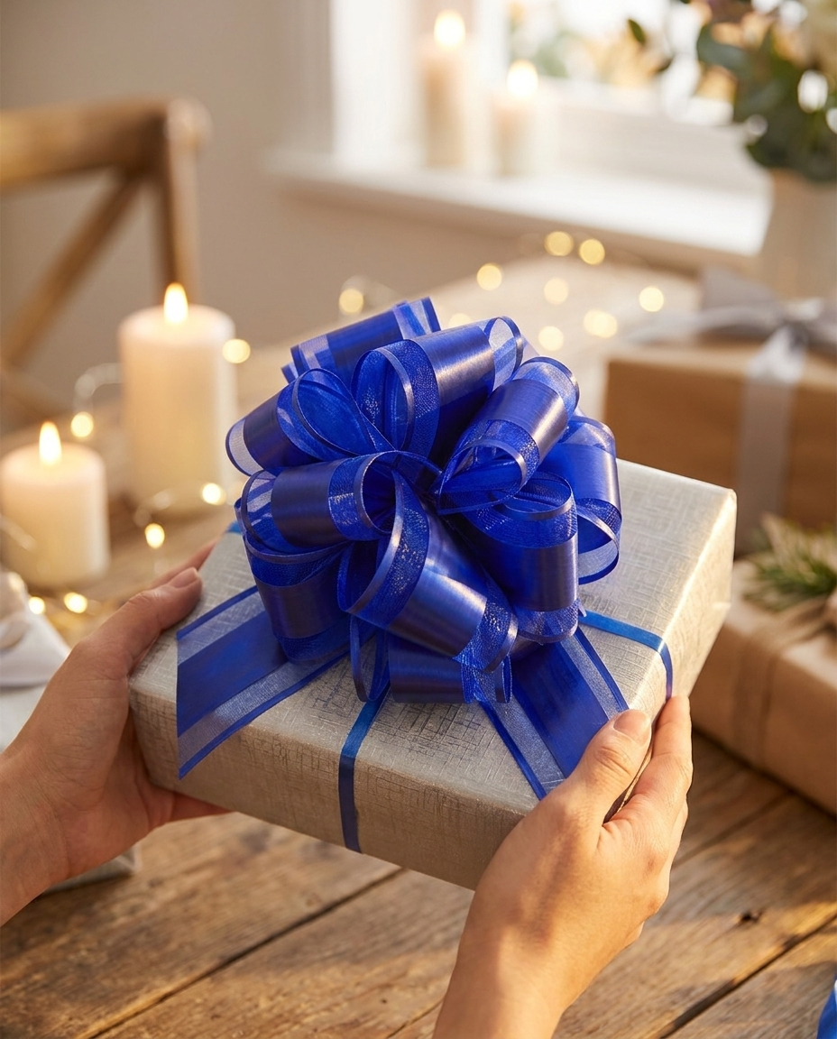 Royal blue pull bow on a present held in hands