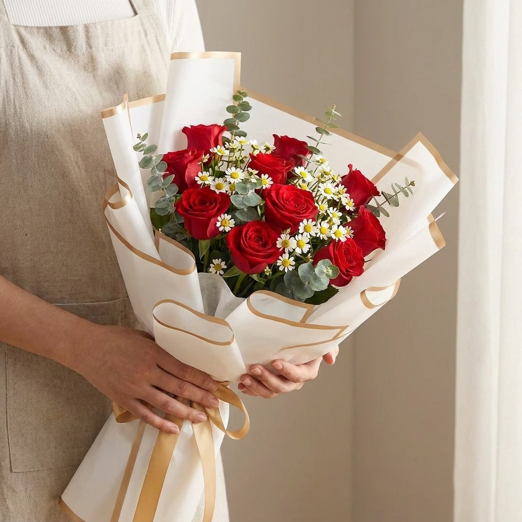Rose and daisy bouquet wrapped in white gold-edge floral paper