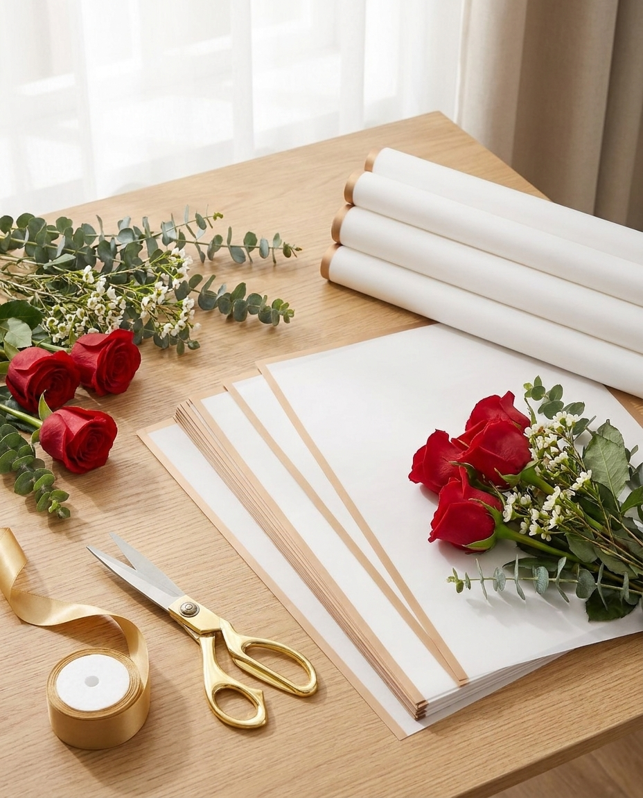 Flat-lay of white gold-edge floral wrapping paper with roses and scissors