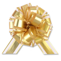 Gold pull bow for gift wrapping on white background